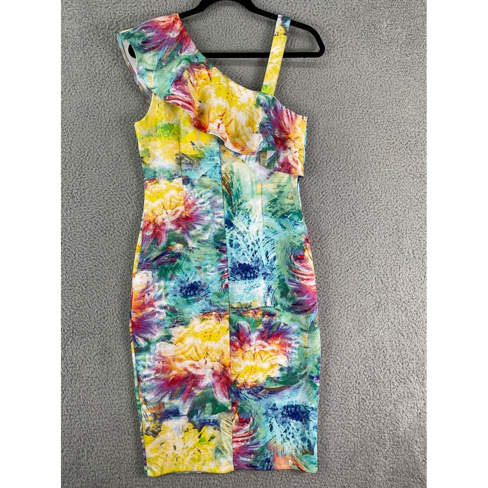 Spense One Shoulder Floral Ruffle Sheath Dress Womens 10 Multi Color Bodycon